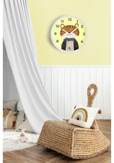 Sevimli Kaplan Çocuk Odası Modern Duvar Saati - 35cm - Önü Camlı Beyaz Kasa - Sessiz Mekanizma Beyaz