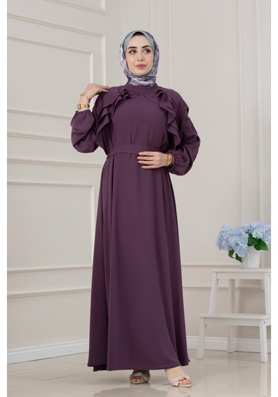 Sevitli Önü Fırfır Detaylı Kuşaklı Tesettür Elbise-mürdüm-5709