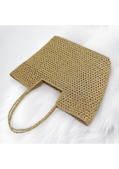 Embahandmade Metalik Altın El Örgüsü Plaj Çantası Şık Yazlık Omuz Tote Bag Gold
