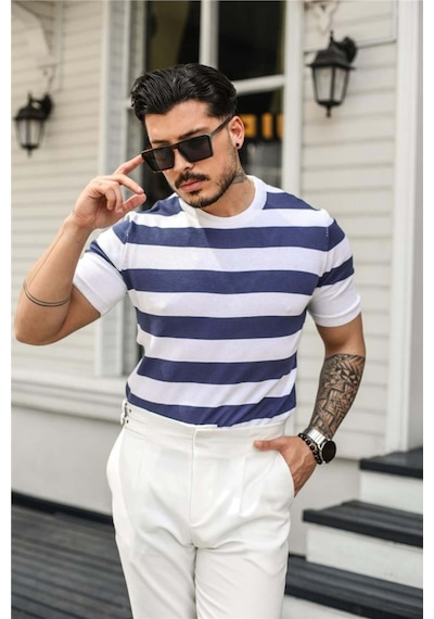 Erkek Yuvarlak Yaka Örme T-shirt Beyaz-saks