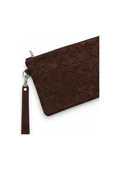 Adelina Bags Süet Yıldız Nakış İşlemeli Portföy El Çantası Bilek Askılı Astarlı Süet Clutch Çanta Kahve