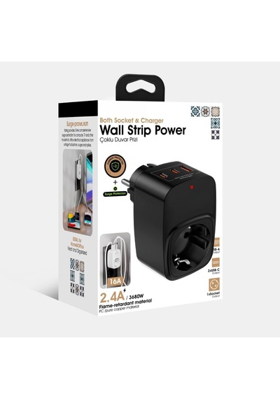 Lexroo Akım Korumalı Priz 1x Priz, 2x Type-c, 1x Usb Port Çıkışlı Tekli Siyah