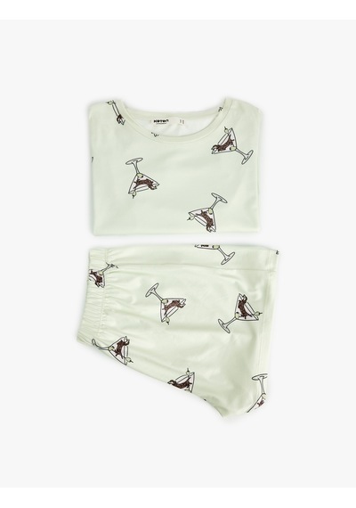 Koton Bisiklet Yaka Kısa Kollu Rahat Kesim Şortlu Pijama Takımı Yeşil 6slk40171mk