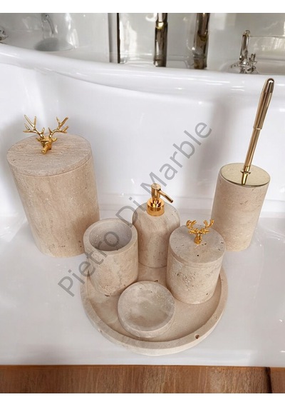 Sarı Traverten Klasik Model 7 Parça Gold Renk Geyik Aksesuarlı Banyo Seti Sarı Traverten