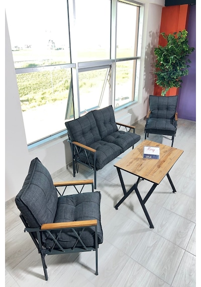 Ard & Garden Miray 211 Masalı Antrasit Fermuarlı Bahçe Balkon Takımı, Salon, Teras- Berjer Düğmeli Metal Çay Seti Gri