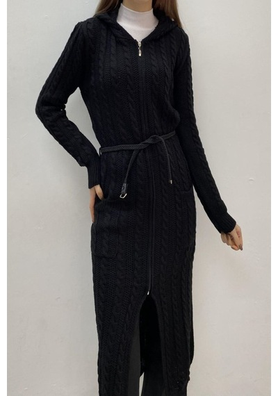 Onno Style Women Bayanuzun Kapşonlu Saç Örgü Ceket Siyah
