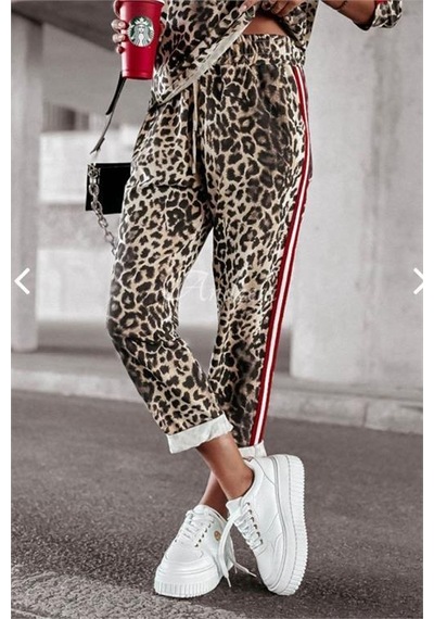Dip Moda Kadın Leopar Desenli Çizgi Detaylı Takım Dpnbasp7233 Bej