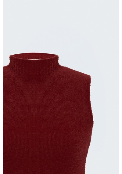 Sateen Sıfır Kol Sakallı Triko Bluz - Kırmızı-137818
