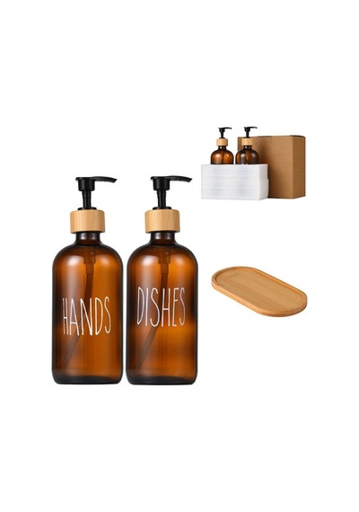 Bambu Standlı Amber Cam 2li Sabunluk Seti - El Ve Bulaşık Renkli Renkli