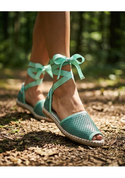 Futsishoes Peony Modern Bilekten Bağlama Yeşil Hakiki Deri Kadın Espadril