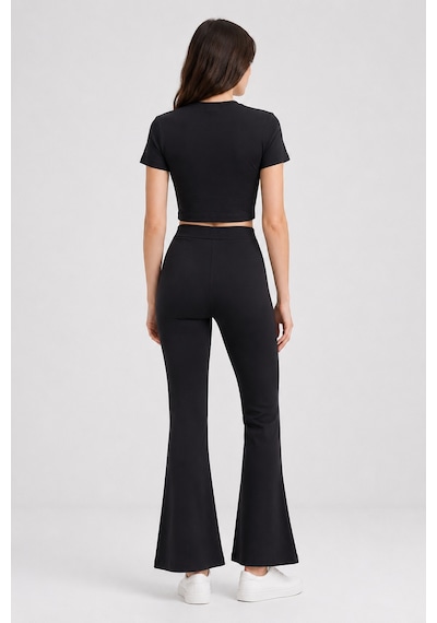 Mixray 2120 Kadın Crop T-shirt Ve Palazzo Pantolon Takım Siyah