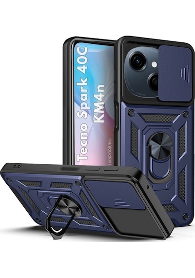 Tecno Spark 40c Uyumlu Tank Kılıf - Yüzüklü Standlı Extra Koruma Zırhlı Outdoor Kapak-lacivert Lacivert