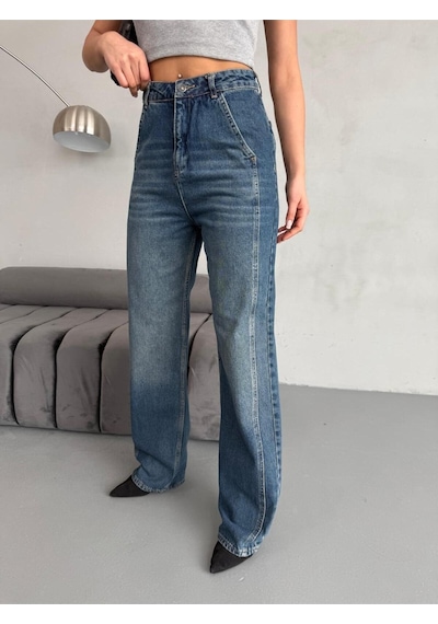 Yan Dikiş Detaylı Wide-leg Tint Jean Mavi