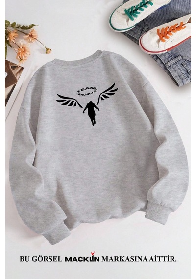 Macklin Unisex Kadın Erkek Team Walhalla Özel Tasarım Baskılı Bisiklet Yaka Sweatshirt Gri Mck1315 Gri