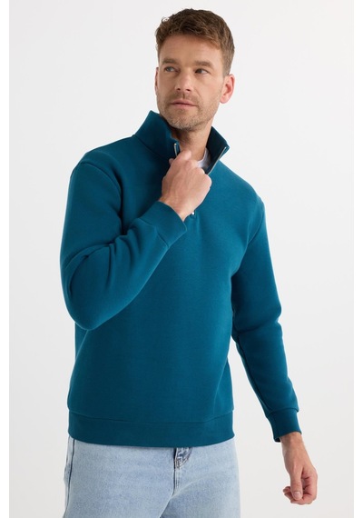 Tudors Unisex Relax Fit Rahat Kesim Pamuklu İçi Polarlı Yarım Fermuarlı İndigo Dik Yaka Sweatshirt-31449 Indigo