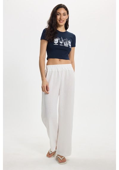 Tudors Kadın Slim Fit Dar Kesim Pamuk Bisiklet Yaka Kısa Kollu Baskılı Lacivert Crop Tişört-50536 L