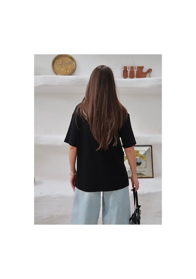 Paw Garage Kadın Mia İnterlok Kumaş Bisiklet Yaka Oversize T-shirt SIYAH
