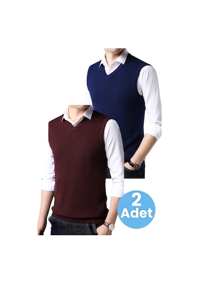 Tezzgelsin 2'li Erkek V Yaka Triko Tüylenmez Süveter Erkek Slim Fit Süveter Bordo - Lacivert
