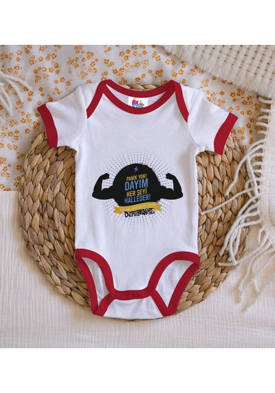 Bk Gift Bk Kids Kişiye Özel Dayım Her Şeyi Halleder Tasarımlı Kırmızı Bebek Body Zıbın-1 9-12 Ay