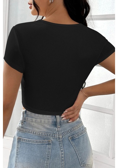 Angbutik Kadın Siyah Yarım Kol Düz Yaka Crop Top Bluz