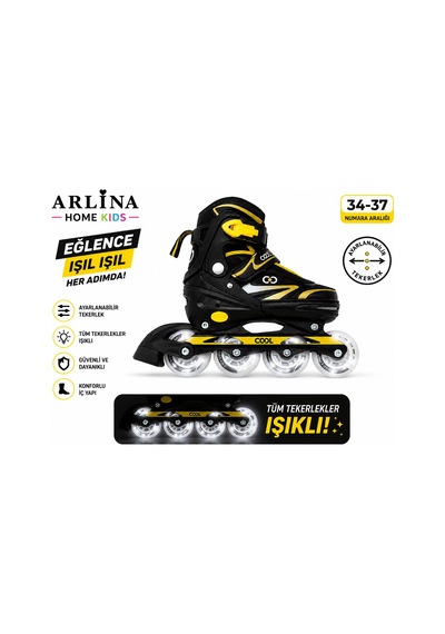 4 Teker Led Işıklı Ayarlana Bilir Glow Paten Sarı 34-37