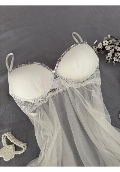 Mh Moony Homewears Stevemade Seksi Taş Detaylı Gecelik Iç Giyim Seti Ekru