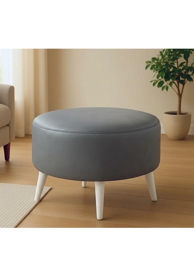 Waterybrook Suni Deri Puf Large - Beyaz Ahşap Ayaklı - Retro Modern Tasarım - Dekoratif Sehpa Gri