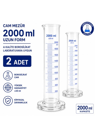 Cam Mezür 2000 Mluzun Form A Kalite Borosilikat Laboratuvara Uygun 2 Adet
