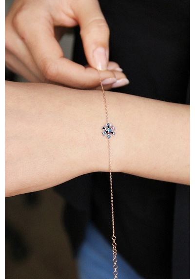 Renkli Taşlı Gümüş Kar Tanesi Bileklik Rose Gold