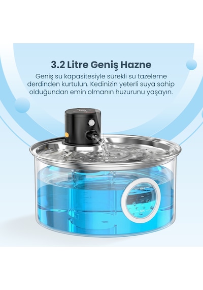 Haustier W2 Otomatik Kablosuz Kedi Su Pınarı, Sensörlü , Bataryalı , Ultra Sessiz, Çelik , 3.2lt Hazne