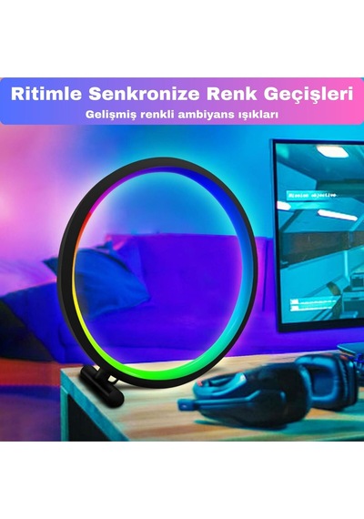 Akıllı Rgb Müzik Ritim Gece Lambası 25cm Led Halka Masa Lambası Bluetooth Kumandalı App Kontrollü Ortam Işığı Siyah