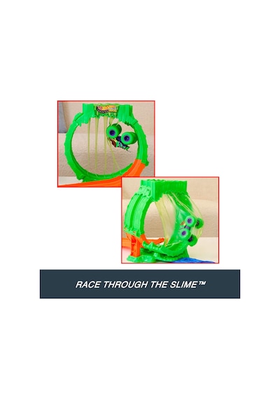 Hot Wheels Monster Trucks Mutant Kaosu Çemberde Yarış Oyun Seti, 1:64 Ölçekli Wreckin' Wolf, 110 Gramlık Slime, 2 Oynama Şekli, Jmk91