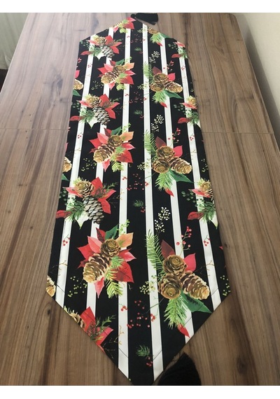 Çizgili Kozalak Yılbaşı Desenli Runner Çok Renkli