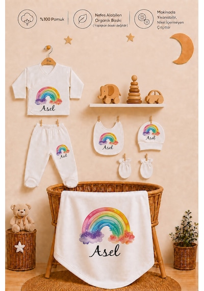Pia Baby 10 Parça İsme Özel Kız Bebek Hastane Çıkışı %100 Pamuk Organik Baskılı 1019100x Ekru
