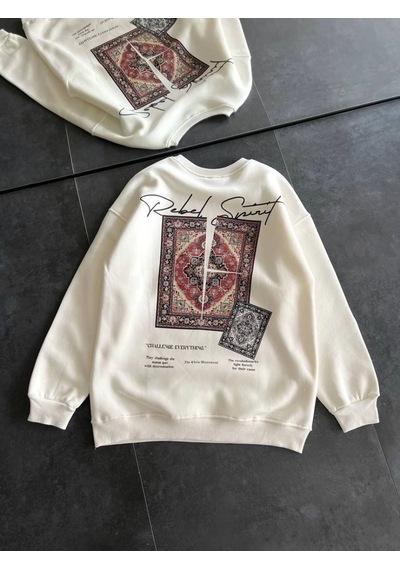 Mbb E-ticaret Kadın Bisiklet Yaka Kilim Halı Baskılı 3 İplik Pamuklu Sweatshirt - Beyaz