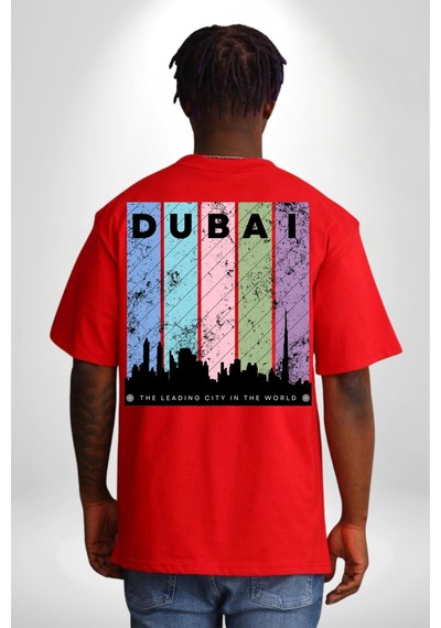 Dubai Şehir Silüeti Renkli Şehir Kırmızı Oversize Unisex Ön Ve Sırt Baskılı Tişört Kırmızı