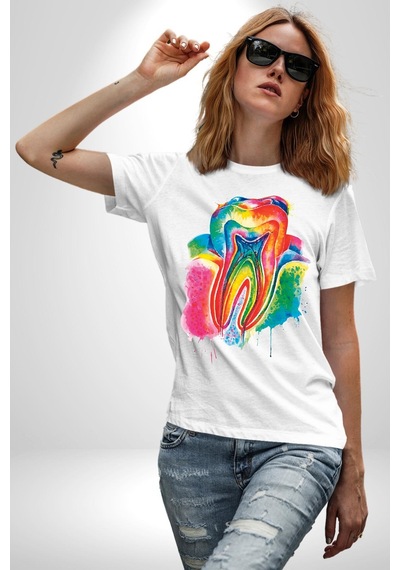 Diş Doktoru Diş Anatomisi Özel Tasarım Unisex Unisex Beyaz Organik Baskılı T-shirt Penye Yüksek Kalite Beyaz