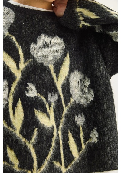 Shade Kadın Bisiklet Yaka Çiçek Desenli Şardonlu Oversize Triko Kazak 4915 60283587 - Siyah