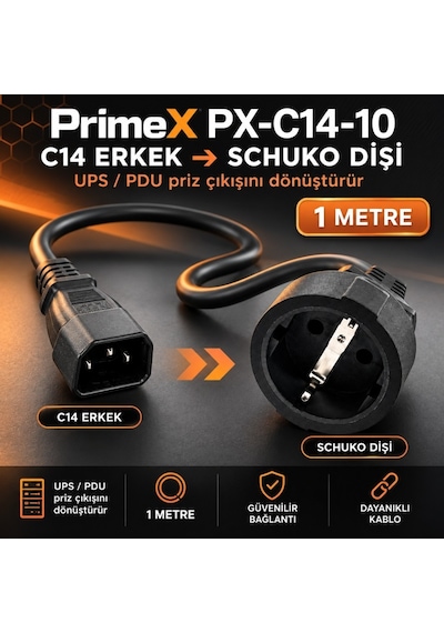 Primex Px-c14-10 Schuko, 1 Metre 3x1.5mm Ups/psu Schuko Çevirici Kablo, Ups Priz Çevirici 3x1.5mm Kalın Kablo, Kısa Schuko Kablo Full Bakır