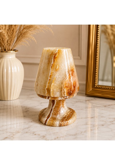 Doğal Oniks Taş Mumluk 12x8 Cm El Yapımı Geçmeli Mumluk Işık Geçiren Premium Dekoratif Şamdan Yemek Masası Ve Özel Gün Hediyesi Bej