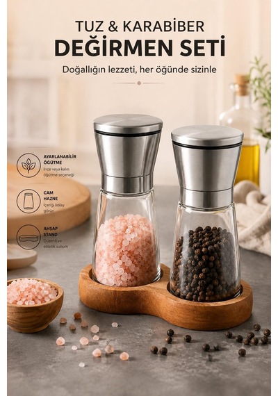 Ahşap Standlı Cam Tuz Karabiber Değirmeni Paslanmaz Çelik Kapak 180 Ml Şeffaf 13 Cm 2'li Set