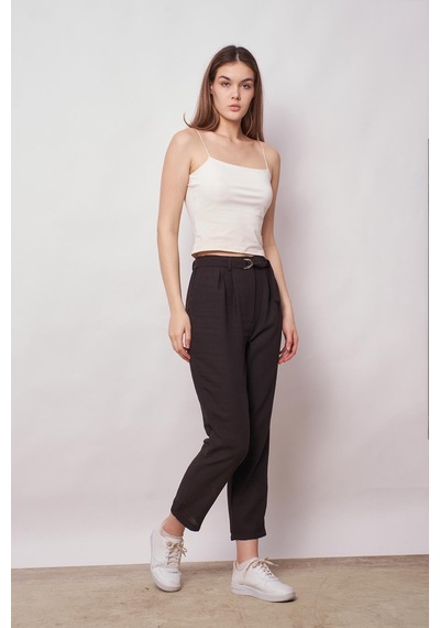 JUMENT Keten Yüksek Bel Pileli Beli Lastikli Kemerli Boyfriend Pantolon-siyah