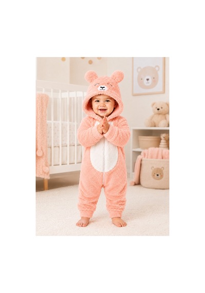 Kız Erkek Bebek Welsoft Peluş Tulum Kapüşonlu Fermuarlı Kışlık Bebek Tulumu Ayıcık Desenli Yumuşak Polar Tulum Somon