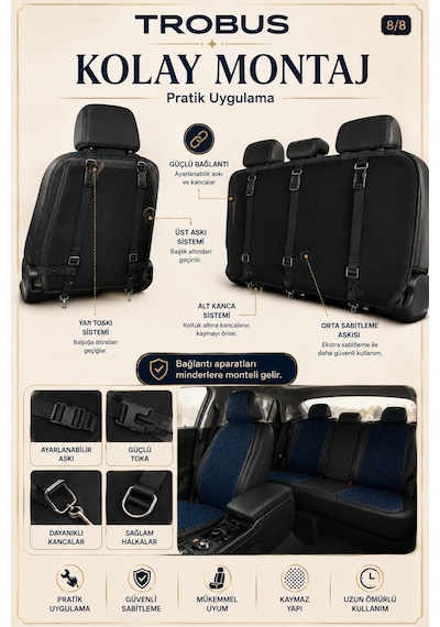 Honda Civic 1999-2006 Üniversal Premium Örme 5 Parça Minder Terletmez Kaymaz Taban Siyah Mavi