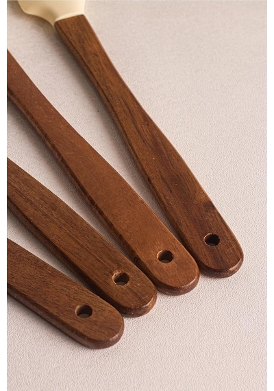 Milly Krem - 4'lü Akasya Saplı Krem Silikon Spatula Seti 21 Cm Mutfak Seti Doğal Kaşık Spatula Seti Çok Renkli Tek Diğer