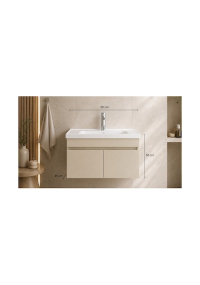 Kale 90cm Demonte Lavabolu Alt Banyo Dolabı, Seramik Lavabo Dahil Kumtaşı