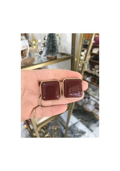 Kare Gold Detaylı Bordo Küpe