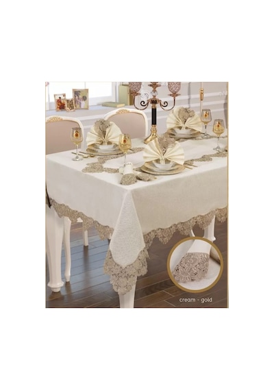 El İşi Angles Flora 17 Parça 8 Kişilik165 265 Cm Krem-gold Masa Takımı Bzckh1733 Çok Renkli