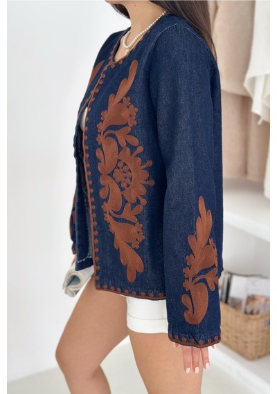 Femelle Kadın Lacivert Vintage Nakışlı Kot Denim Ceket Kahverengi