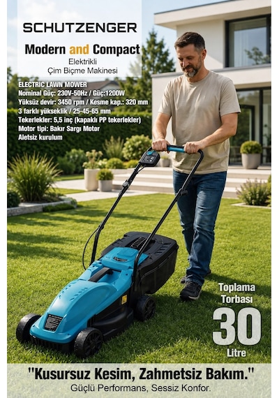 1900v Elektrikli Çim Ot Biçme Makinesi 30lt Tomlama Torbalı Mavi 12/a Turbo Motor Alman